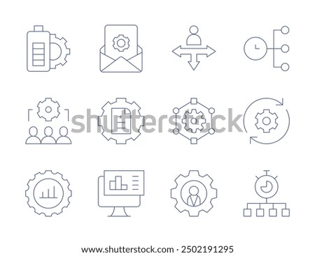 Management icons. Thin Line style, editable stroke. email, content management, battery, analysis, leader, gear, decision making, collaboration, program.
