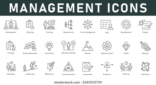 Ilustração de vetor de ícones de gerenciamento com linha fina editável traço contendo planejamento treinamento estratégia de desenvolvimento de tarefas organização do projeto HR inovação missão valor solução trabalho em equipe