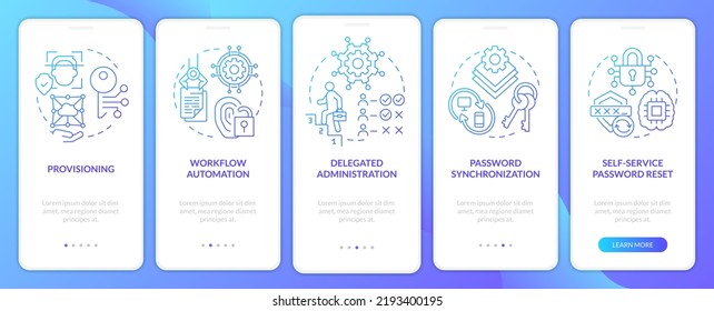 Management of identities blue gradient onboarding mobile app screen. Users walkthrough 5 steps graphic instructions with linear concepts. UI, UX, GUI template. Myriad Pro-Bold, Regular fonts used
