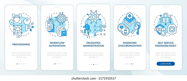 Management of identities blue onboarding mobile app screen. Accounts walkthrough 5 steps editable graphic instructions with linear concepts. UI, UX, GUI template. Myriad Pro-Bold, Regular fonts used