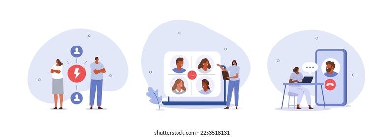 Management illustration set. Characters preparing and planning productive online team meeting and managing workplace conflict. Business and organization concept. Vector illustration.