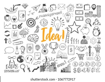 Management infographic concept with financial business career development elements in doodle style . Vector hand drawn illustration. Isolated objects