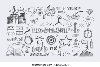 Management infographic concept with financial business career development elements in doodle style . Vector hand drawn illustration. Isolated objects