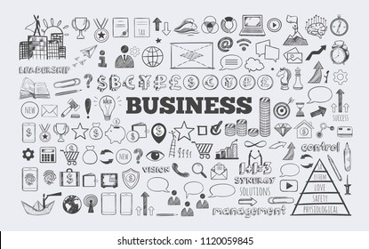 Management infographic concept with financial business career development elements in doodle style . Vector hand drawn illustration. Isolated objects