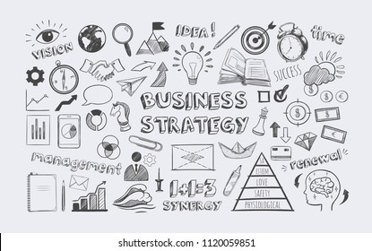 Management infographic concept with financial business career development elements in doodle style . Vector hand drawn illustration. Isolated objects