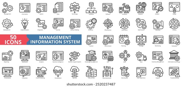 Management information system icon collection set. Containing cloud computing, integration, data, technology, database, software, hardware, network icon. Simple line vector illustration.