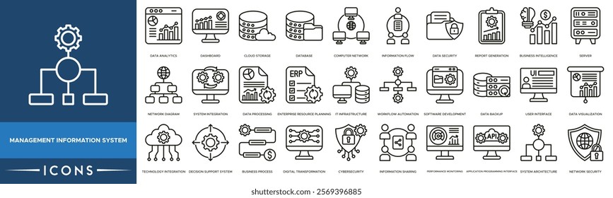 Management information system icon. Data Analytics, Dashboard, Cloud Storage, Database and Computer Network