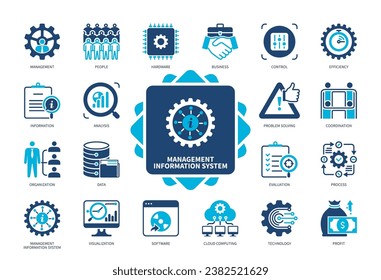 Management Information System (MIS) icon set. Coordination, Control, Cloud Computing, Analysis, Technology, People, Data, Business. Duotone color solid icons