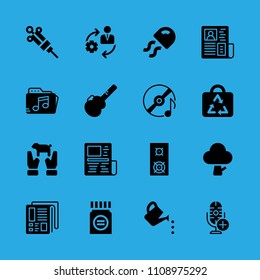 management, jellyfish, compact disc, tree, syringe, bag, newspaper, music folder and microphone vector icon. Simple icons set