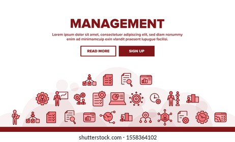 Management Landing Web Page Header Banner Template Vector. Business Planning And Presentation, Management Staff And Project Illustration