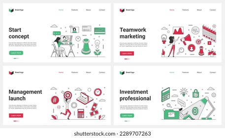 Gestión y puesta en marcha de la campaña de marketing, inicio de trabajo en equipo de profesionales, conjunto de inversión ilustración vectorial. Las personas diminutas de las caricaturas planean objetivos de negocios con calculadora y foco, trabajan en línea