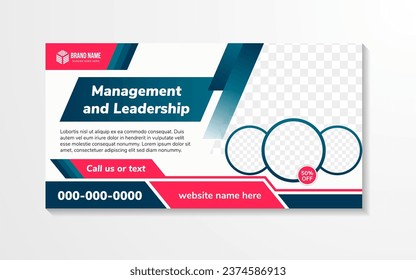 management and leadership horizontal banner design template. Editable modern banner with white background color. combination red and blue elements. space for photo. Usable for banner, cover, header