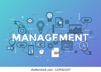 Management lettering with laptop, charts and graphs, hands holding clock, calendar and business plan thin line icons. Modern infographic banner with elements in linear style. Vector illustration.
