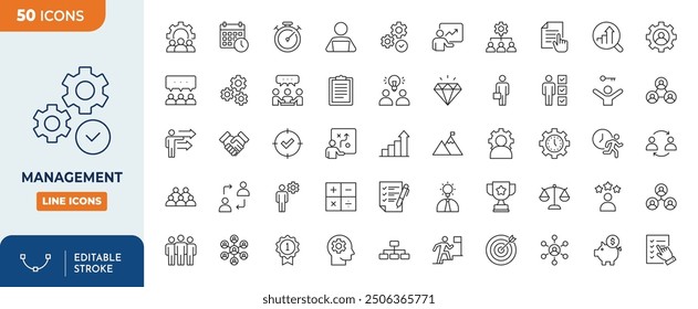 Management Line Editable Icons set. functions, principles, goals, and more	