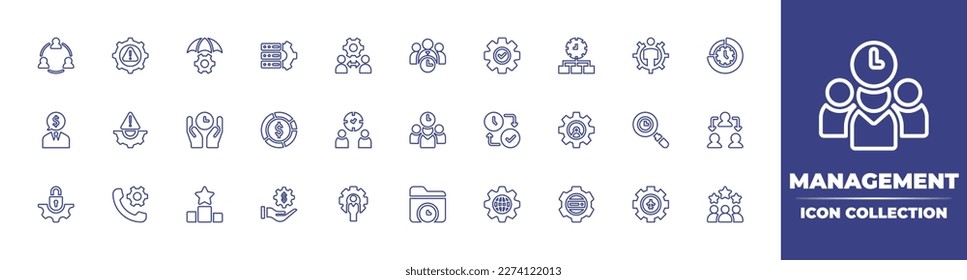 Management line icon collection. Editable stroke. Vector illustration. Containing organization, risk, crisis, data storage, team management, time manager, gear, time management.