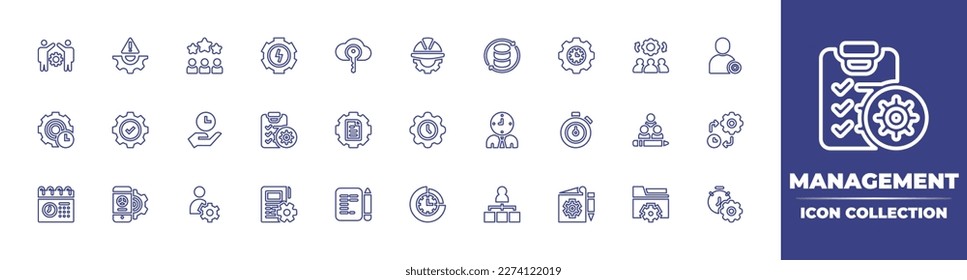 Management line icon collection. Editable stroke. Vector illustration. Containing management, risk management, team, energy, key, engineering, return, time management, resources, manage, settings.
