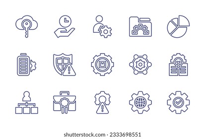 Management line icon collection. Editable stroke. Vector illustration. Containing key, time management, human resources, folder, data management, battery, risk management, settings, team, idea.