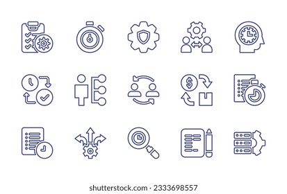 Management line icon collection. Editable stroke. Vector illustration. Containing check list, time management, setting, team management, efficiency, skills, swap, cash flow, archive, decision making.