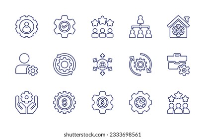 Management line icon collection. Editable stroke. Vector illustration. Containing settings, team, management, house, profile, productivity, outsourcing, exchange, portfolio, corporate, gear, money.