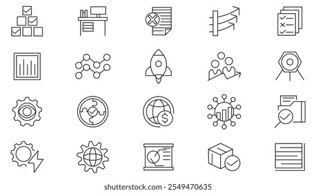 Management line icon set. Decision making, company, document, client, investor, investment, bank account, task, deadline, plan, manage, setting line icon set. UI thin line icon pack.