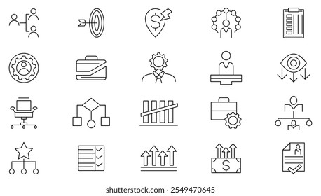 Management line icon set. Decision making, company, document, client, investor, investment, bank account, task, deadline, plan, manage, setting line icon set. UI thin line icon pack.