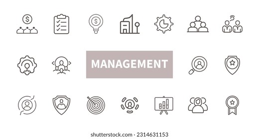 Conjunto de iconos de la línea de administración. La ilustración vectorial puede utilizarse para temas como negocios, finanzas, administración
