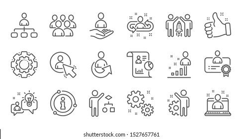 Management line icons. Business people, Algorithm and Group. Startup strategy linear icon set. Quality line set. Vector