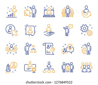 Management line icons. Set of Business audit, Startup strategy and Employee icons. Business strategy, Startup and Teamwork. Organization management, report and group algorithm. Employee job. Vector