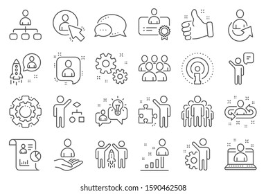 Management line icons. Set of Business audit, Startup strategy and Employee icons. Business strategy, Startup and Teamwork. Organization management, report and group algorithm. Employee job. Vector