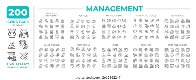Management line icons set collection. Corporate workflow planning. Business activity coordination mega pack of linear pictograms, pixel perfect. Isolated vector illustrations. Editable stroke