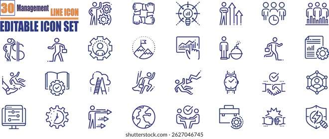 management line icons set. Containing manager, teamwork, strategy, marketing, business, planning, training, employee icons. Solid icons vector collection.