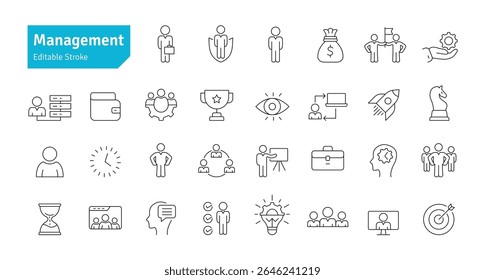 Conjunto de iconos de línea de administración. Gerente, Trabajo en equipo, Negocios, Recursos humanos, Experiencia, Planificación, Éxito, Estrategia, Iconos de marketing Editable Ilustración vectorial de trazos