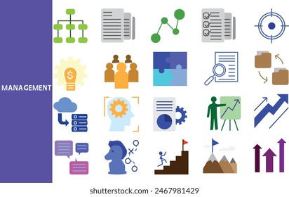 Management Manage the organization and monitor work efficiency to achieve the company's main goals. ,Set of icons for business , symbol collection.,Vector illustration.