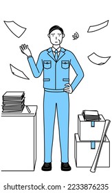 Management, managers, plant manager, a man in work wear who is fed up with his unorganized business.