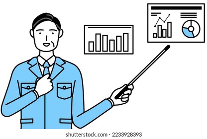 Management, managers, plant manager, a man in work wear analyzing a performance graph, an image of DXing.