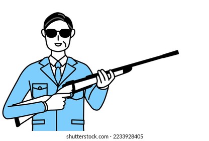 Management, managers, plant manager, a man in work wear wearing sunglasses and holding a rifle.