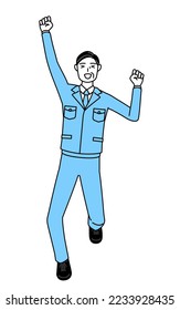 Gerente, gerentes, gerente de planta, un hombre en el trabajo usa sonrisas y salta.