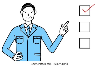 Management, managers, plant manager, a man in work wear pointing to a checklist.