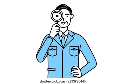 Management, managers, plant manager, a man in work wear looking through magnifying glasses