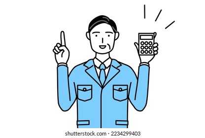 Management, managers, plant manager, a man in work wear holding a calculator and pointing.