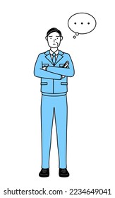 Management, managers, plant manager, a man in work wear,arms crossed,thinking.