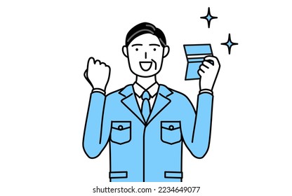 Management, managers, plant manager, a man in work wear who is pleased to see a bankbook.