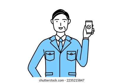 Geschäftsführung, Manager, Betriebsleiter, ein Mann am Arbeitsplatz tragen mit einem Smartphone bei der Arbeit.