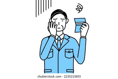 Management, managers, plant manager, a man in work wear looking at his bankbook and feeling depressed.