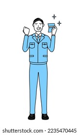 Management, managers, plant manager, a man in work wear who is pleased to see a bankbook.