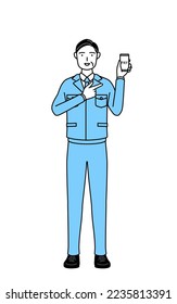 Management, managers, plant manager, a man in work wear recommending cashless online payments on a smartphone.