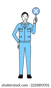Management, managers, plant manager, a man in work wear holding a bar of buts indicating incorrect answers.