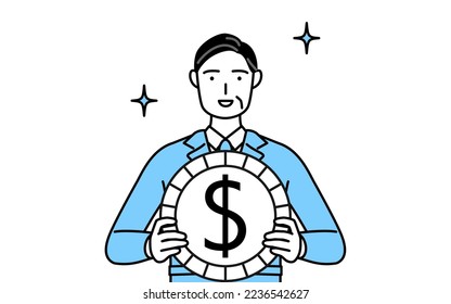 Gestión, gerentes, gerente de plantas, un hombre en uso de trabajo, con imágenes de ganancias en el tipo de cambio y apreciación del dólar.