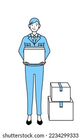 Management, managers, plant manager, a senior woman in work wear holding a cardboard box.