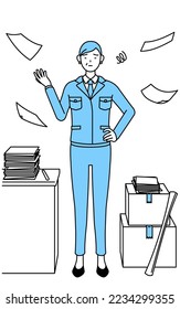 Management, managers, plant manager, a senior woman in work wear who is fed up with his unorganized business.